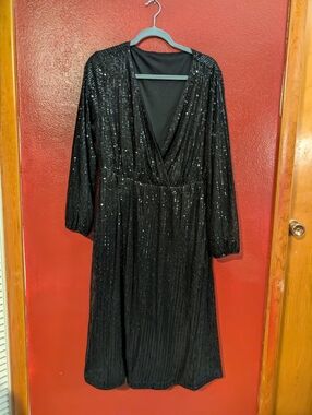 BloomChic Black Sequin Wrap-Style Long Sleeve Midi Dress